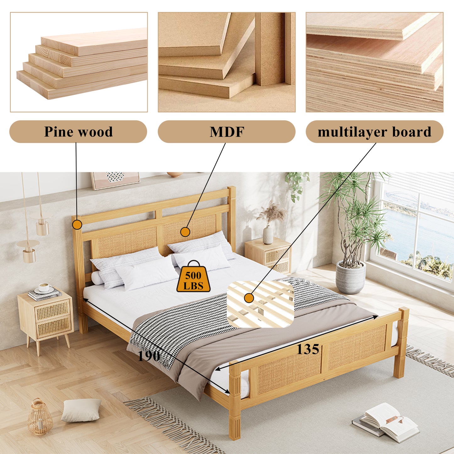 AI62 Decor Double Bed 4FT6 with Sturdy Slats – Natural Wood