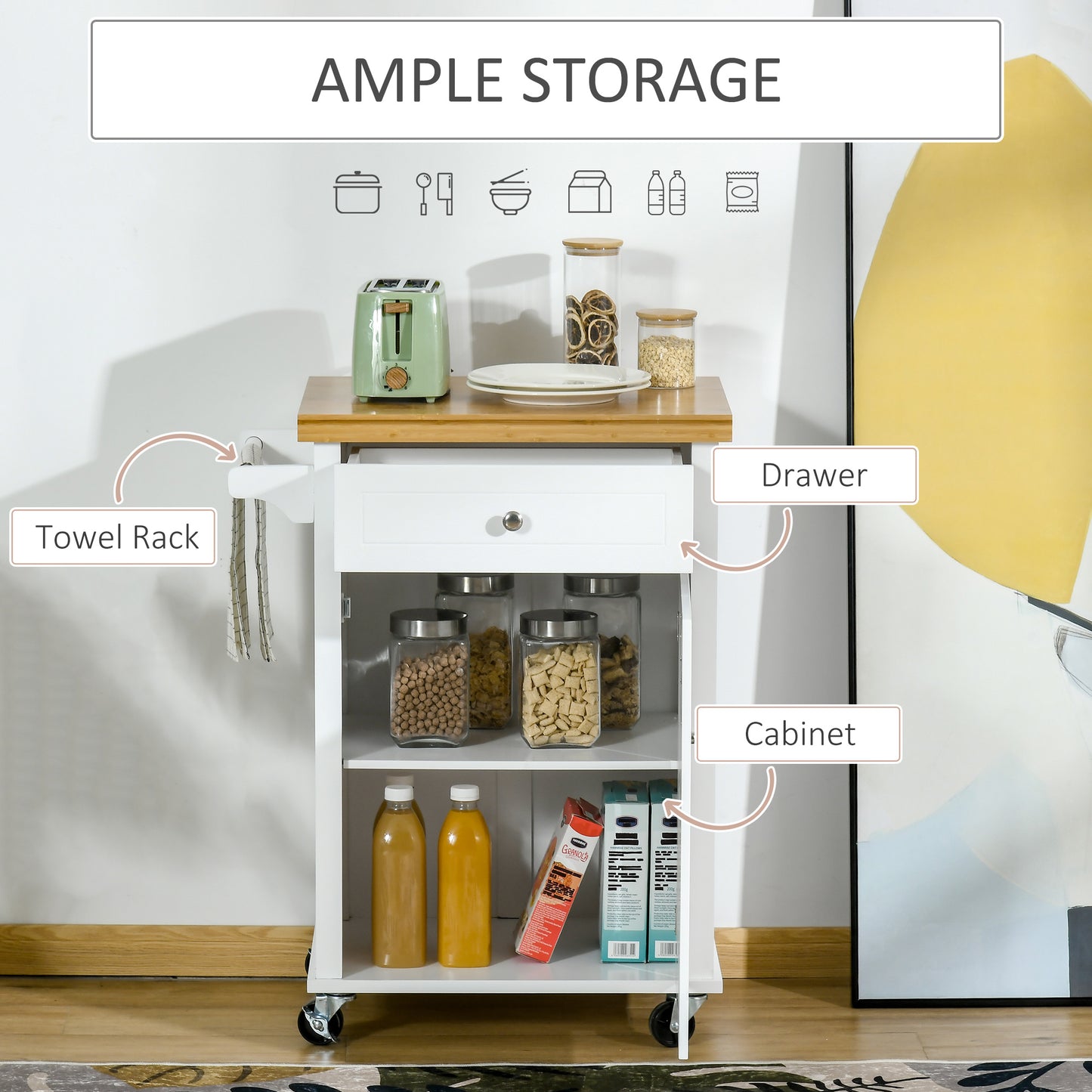 AI62 Decor Wooden Kitchen Cart with Drawer & Towel Rail – White