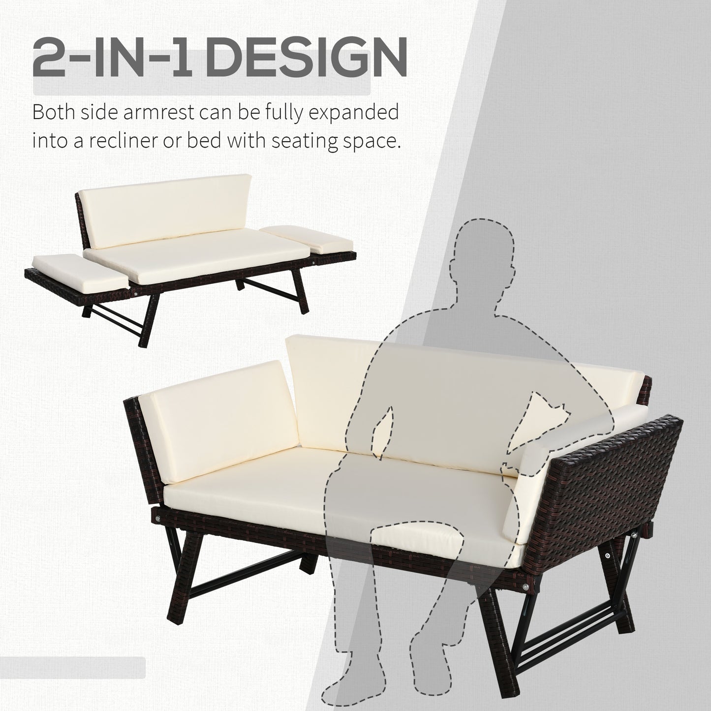 AI62 Decor 2-Seater 2-in-1 Rattan Convertible Sofa Daybed Brown