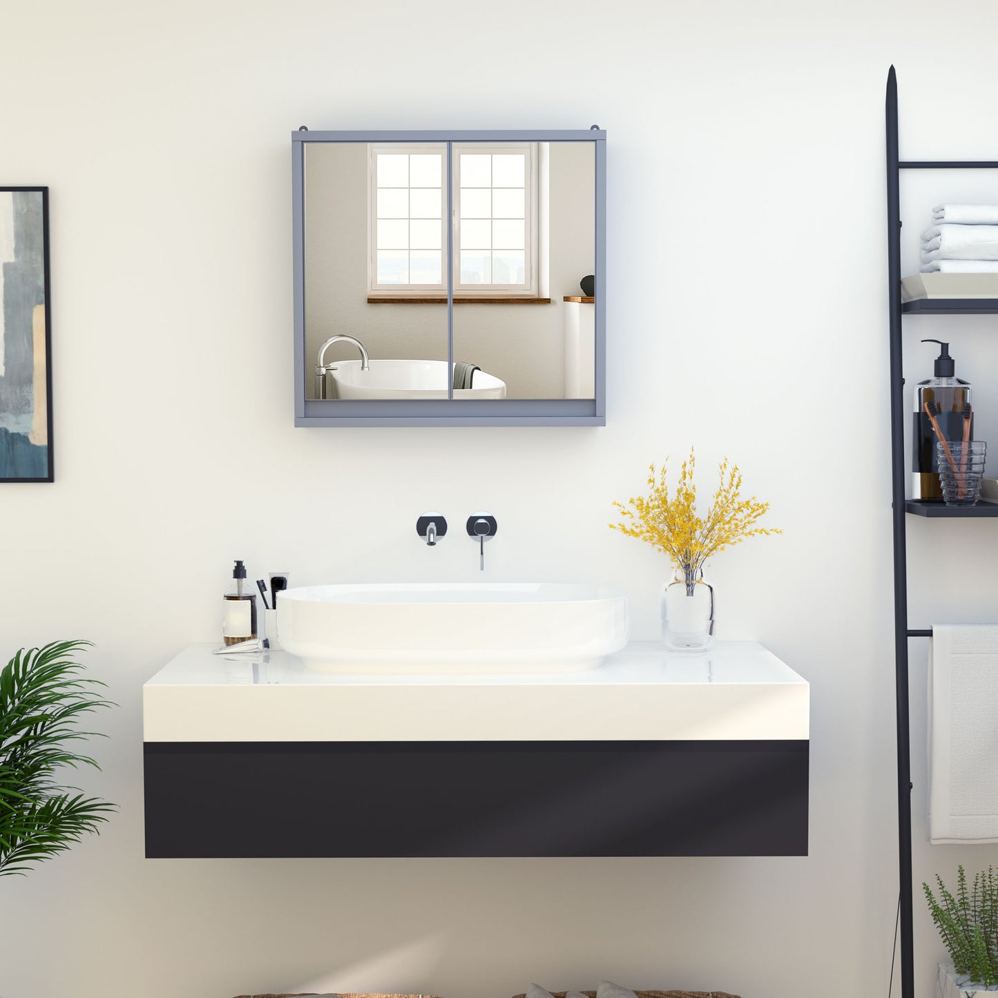 AI62 Decor Double Door Grey Bathroom Mirror Cabinet