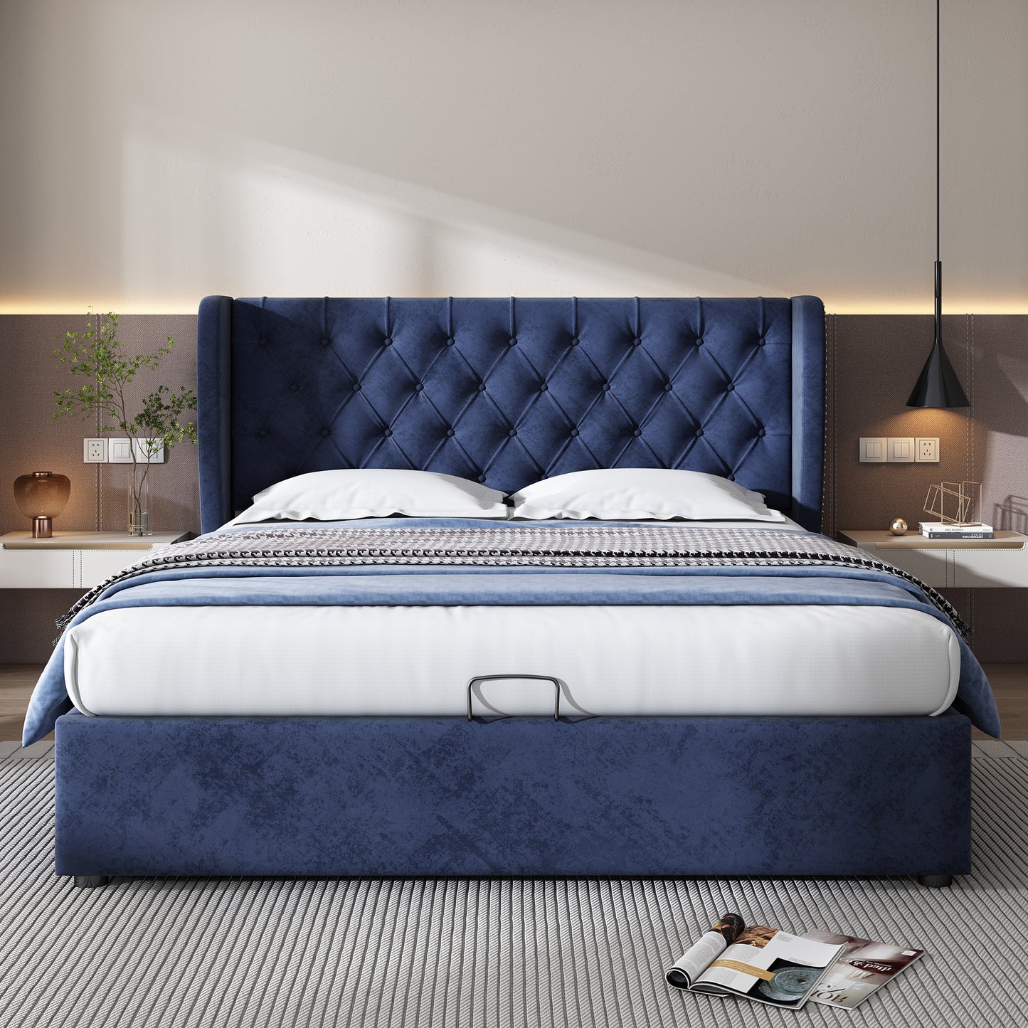 AI62 Decor Upholstered Storage Bed with Hydraulic Lift – 135 x 190 cm, Blue Velvet