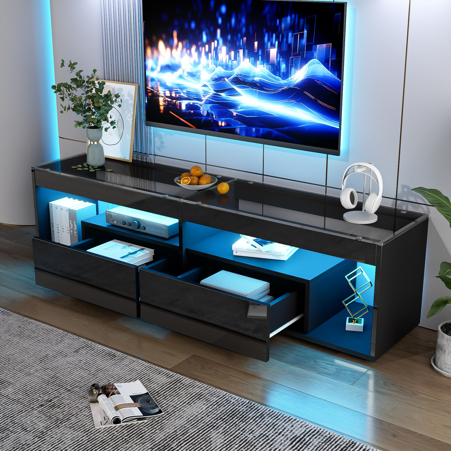 AI62 Decor High Gloss TV Stand with LED & Drawers – 180×40×46cm
