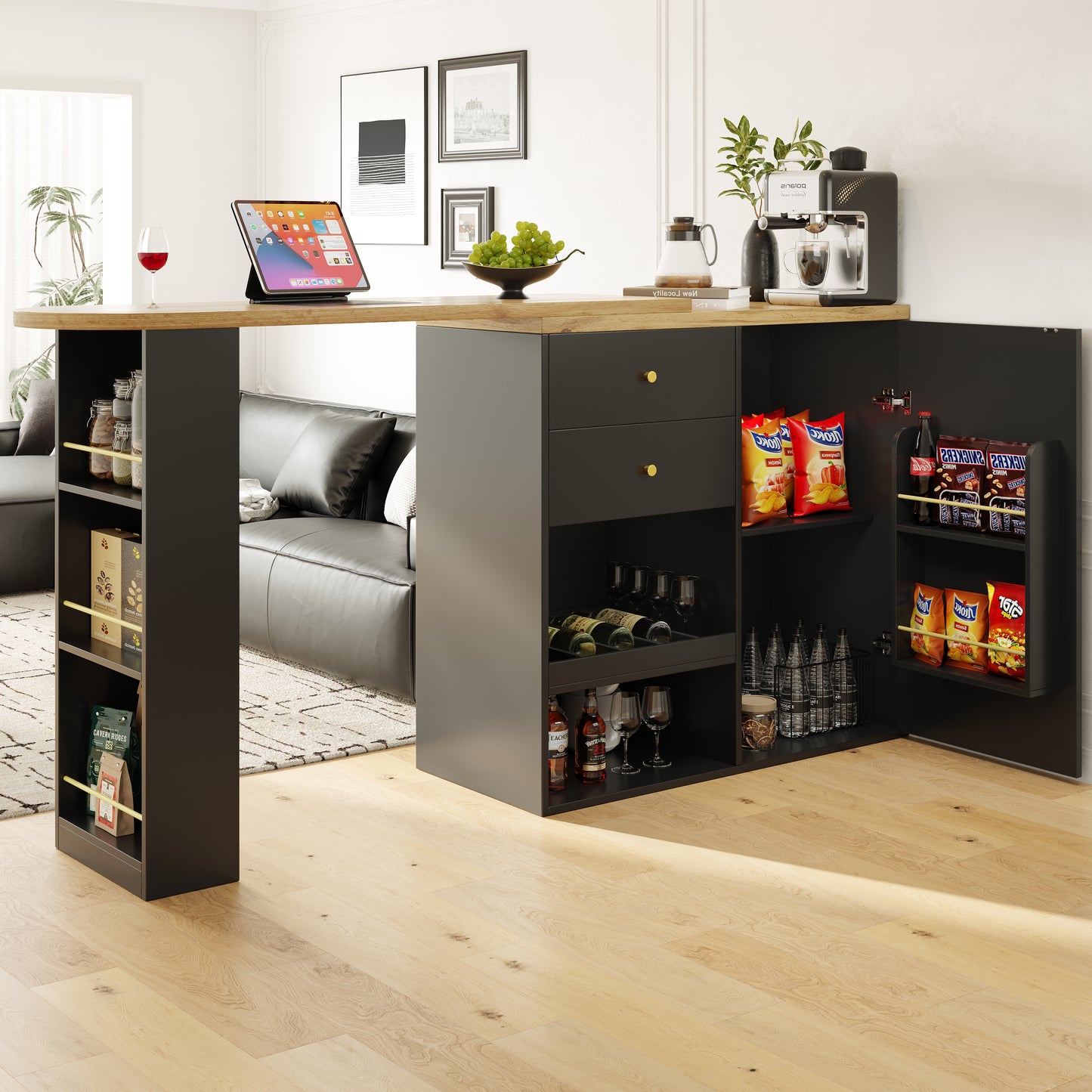 AI62 Decor Swivelling Bar Table with 2 Drawers & Open Storage