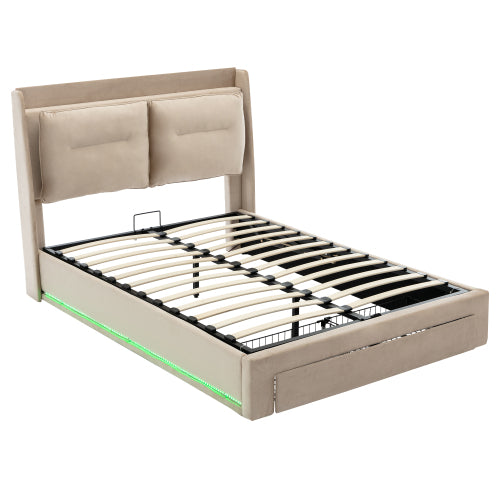 AI62 Decor Beige Velvet Double Bed 135x190cm with Storage & LED