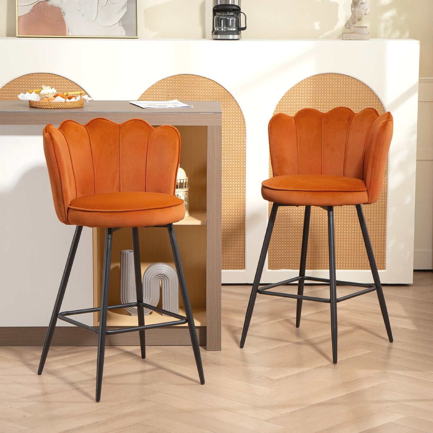 AI62 Decor Set Of Two Velvet-Feel Lotus Bar Stools - Orange
