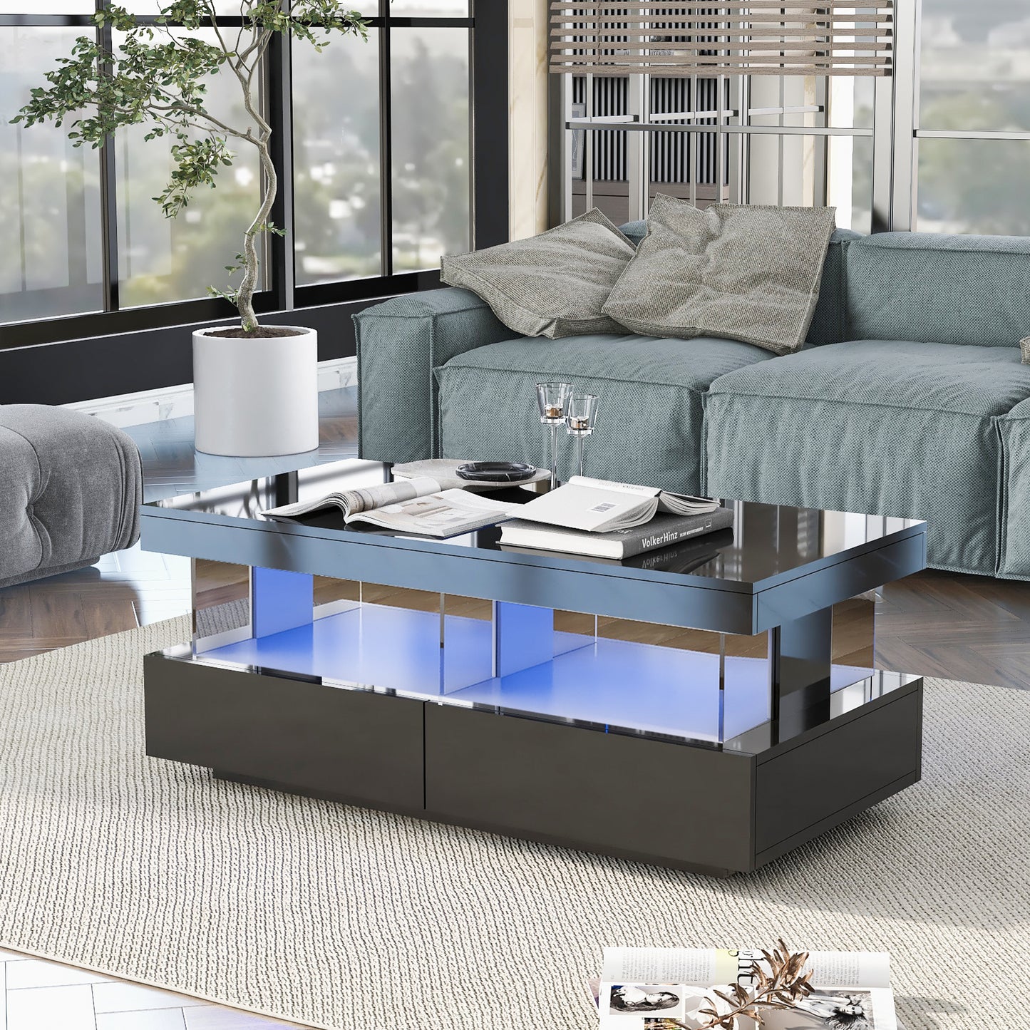 AI62 Decor High-Gloss Black Coffee Table with 2 Drawers