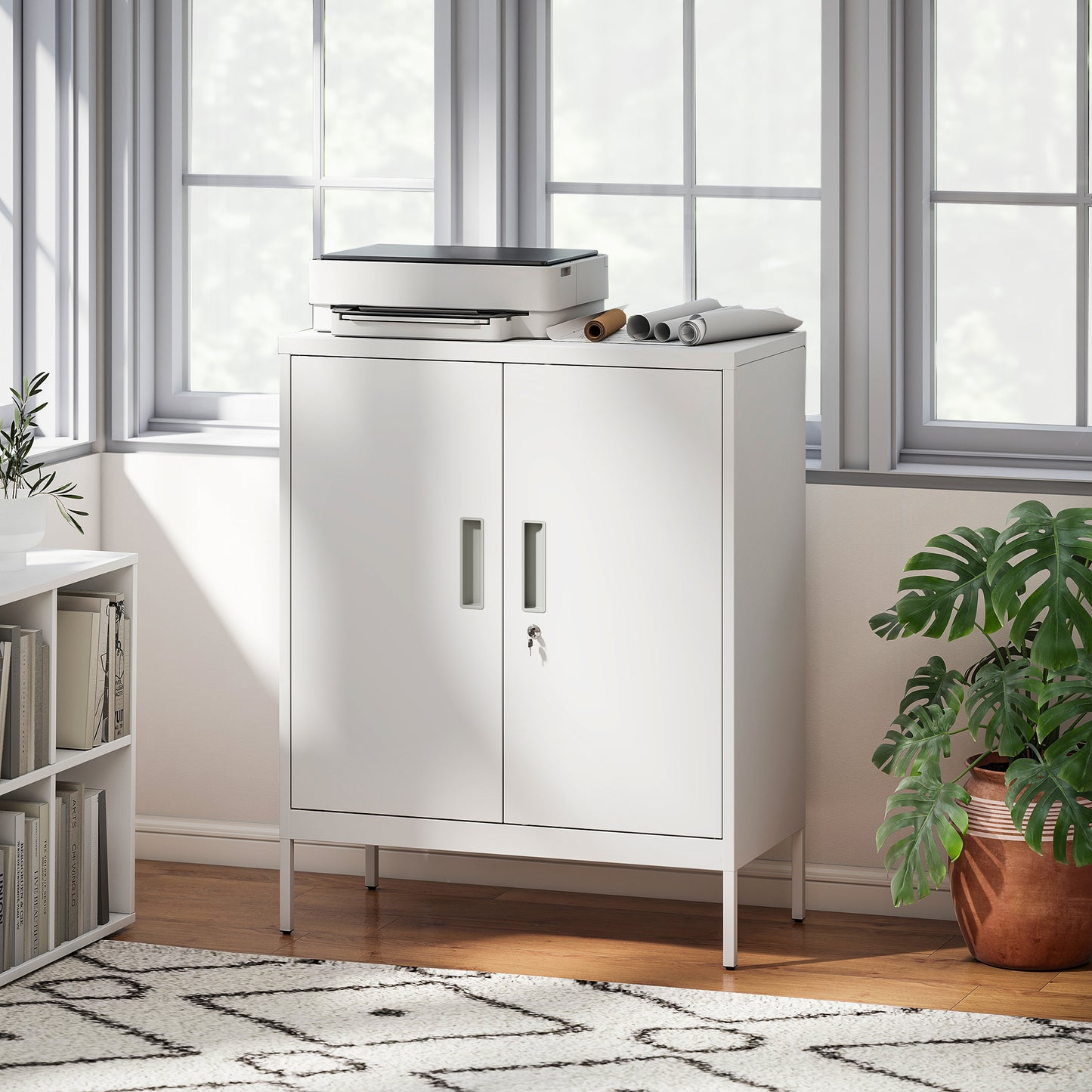AI62 Decor Metal Storage Cabinet With Lock And Adjustable Shelves - White