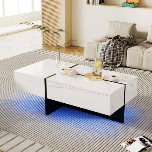 AI62 Decor High Gloss White Marble Coffee Table with LED