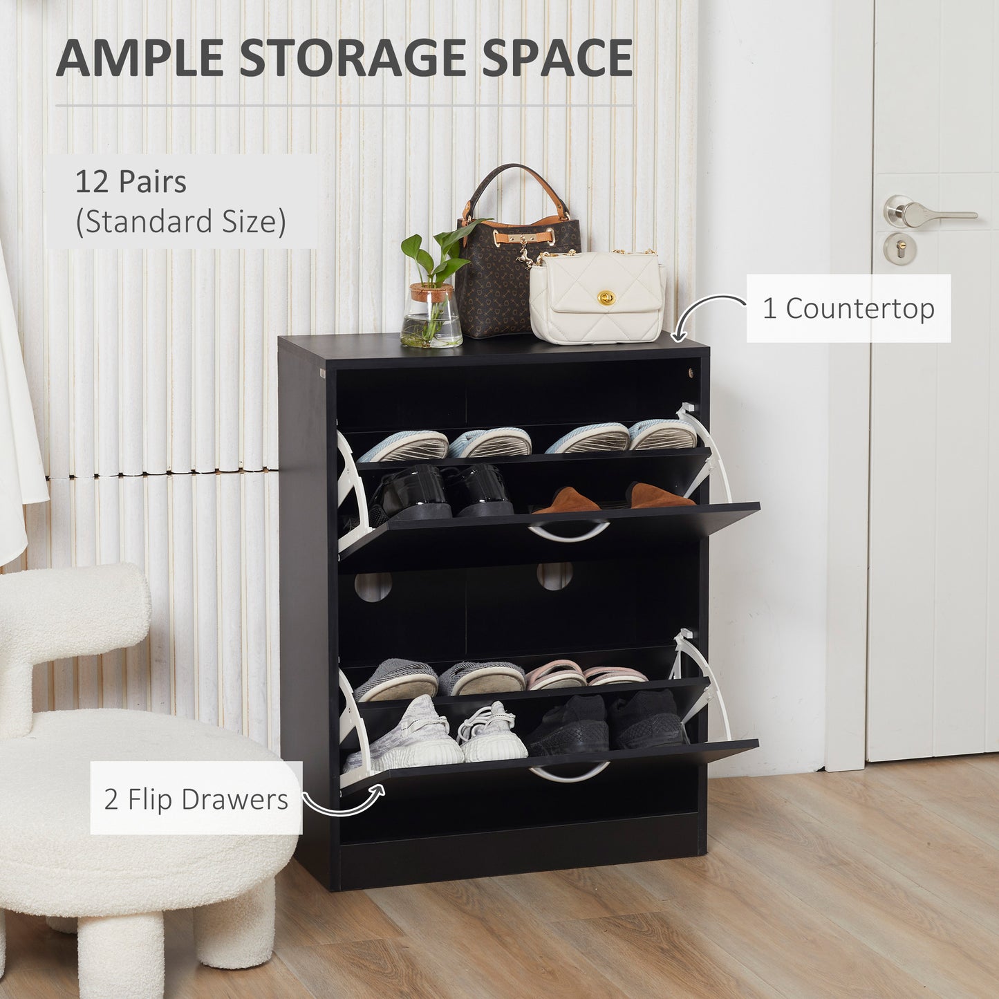 AI62 Decor 2-Drawer Narrow Shoe Cabinet with Flip Doors – Black