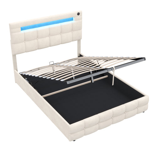 AI62 Decor Double Upholstered Ottoman Bed 4ft6 with LED & Storage, Beige