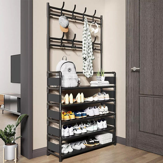 AI62 Decor 8-Hook Coat & Hat Stand with 5-Tier Shoe Rack – Black