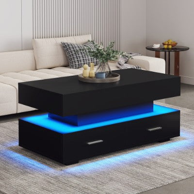 AI62 Decor Black Lift Top Coffee Table with LED Lights & Storage – 2 Drawers, Hydraulic Design