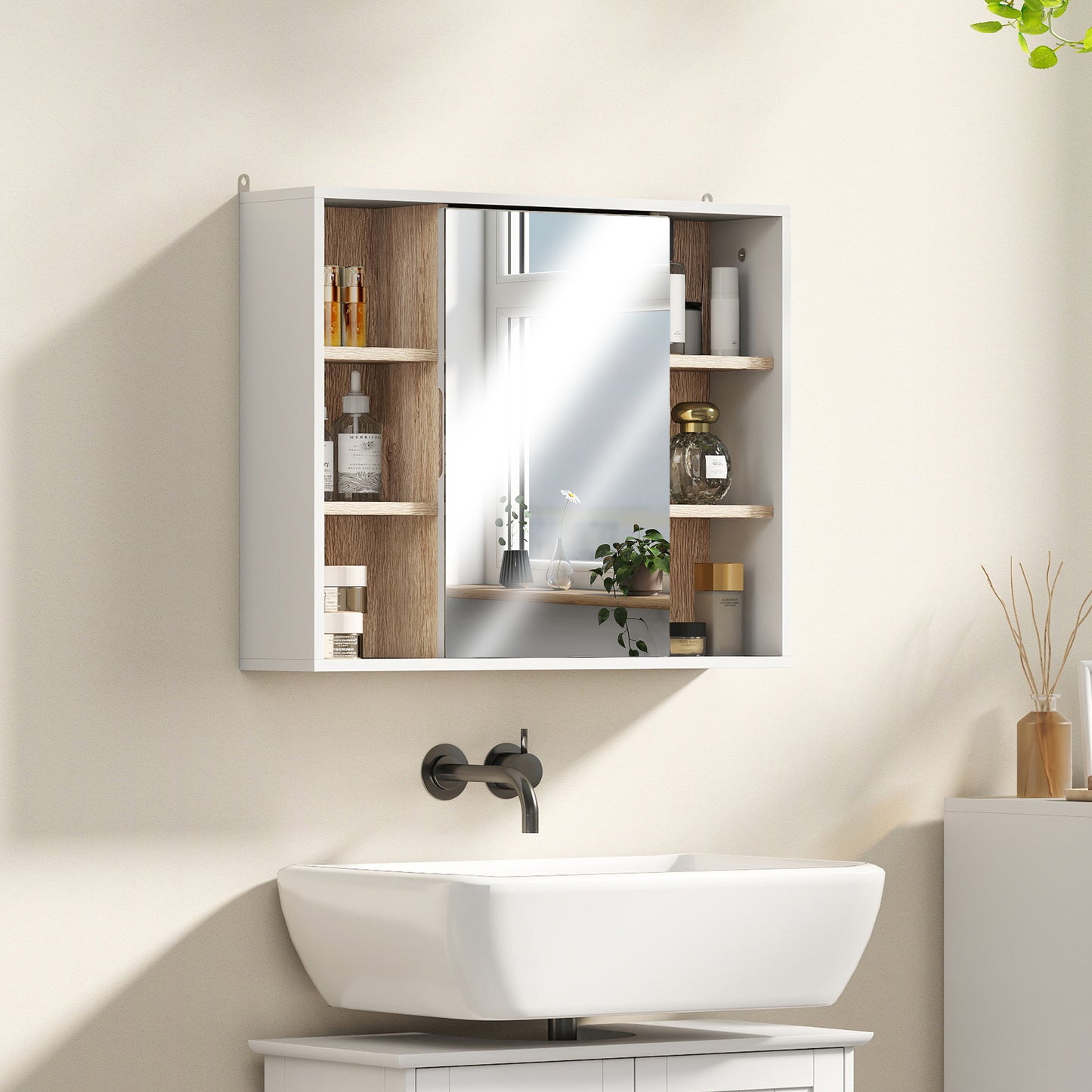 AI62 Decor Bathroom Mirror Cabinet with Open Storage & Shelf - White