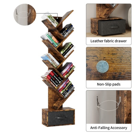 AI62 Decor 9-Tier Tree Bookshelf with Drawer for Living Room & Office