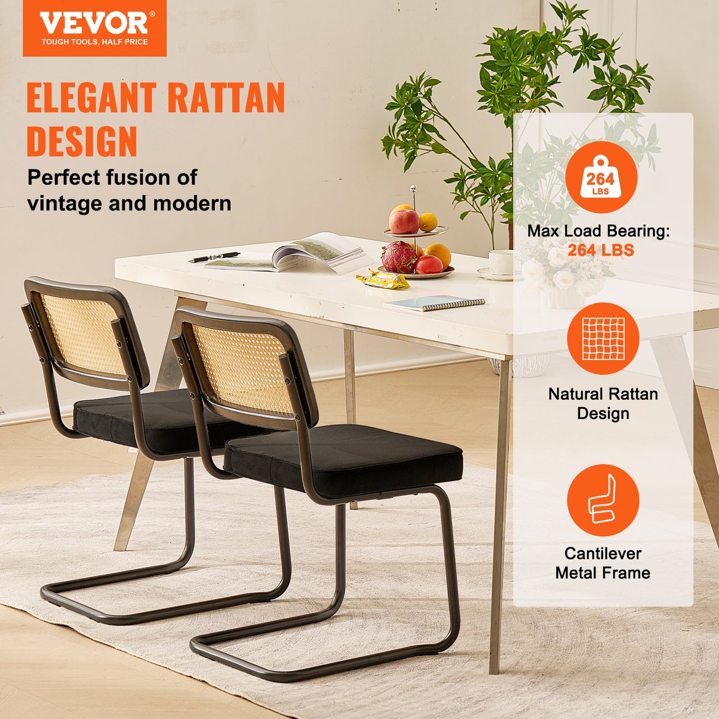 AI62 Decor Set of 2 Rattan Velvet Dining Chairs – Black