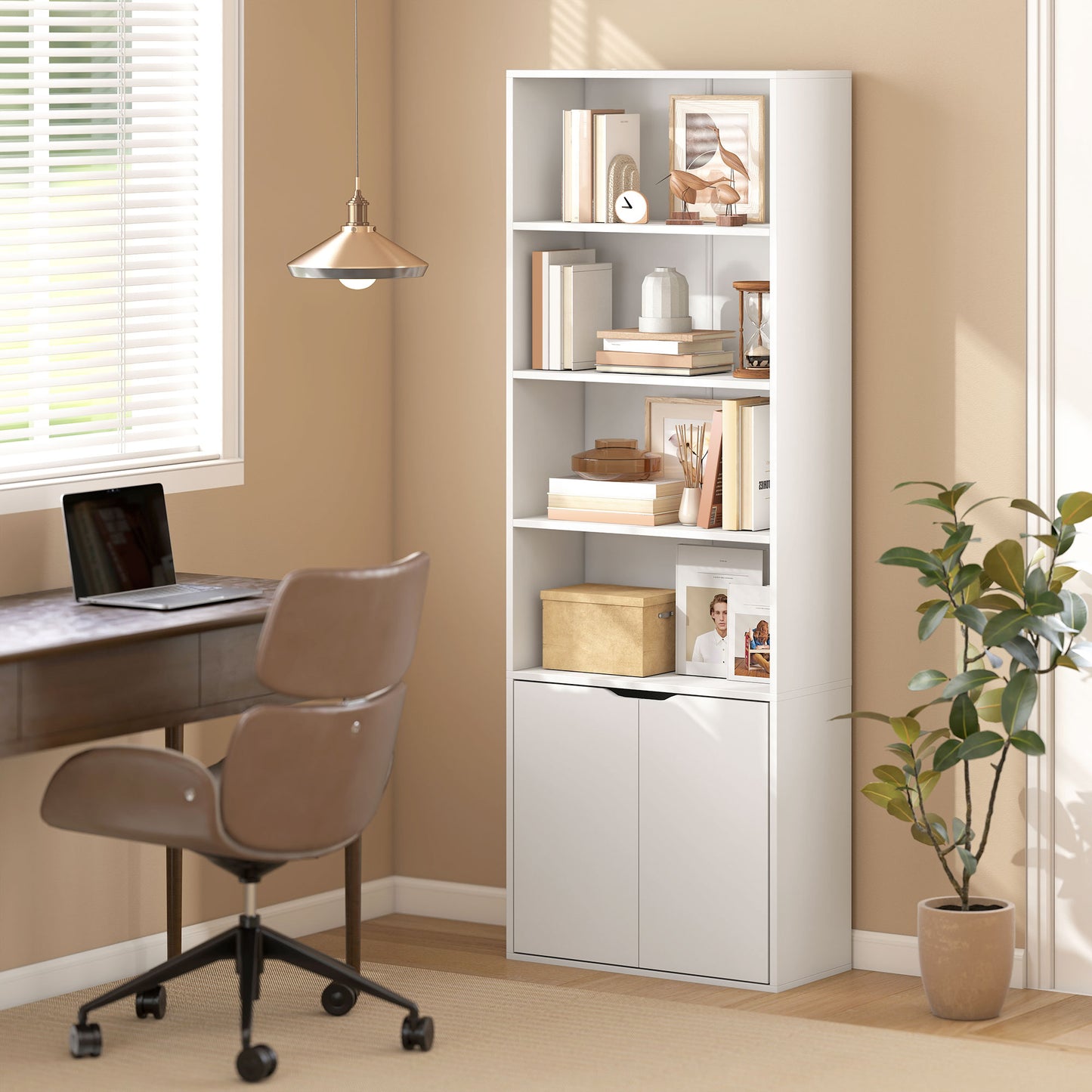 AI62 Decor 6-Tier White Bookcase with Shelves & Cabinet, 59x29x180cm