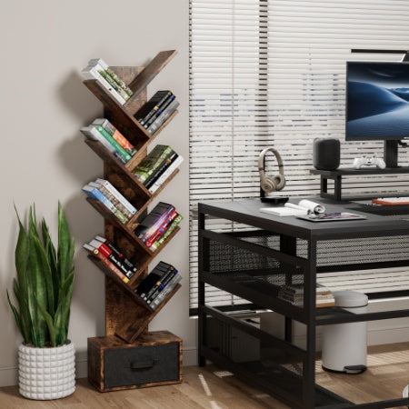 AI62 Decor 9-Tier Tree Bookshelf with Drawer for Living Room & Office