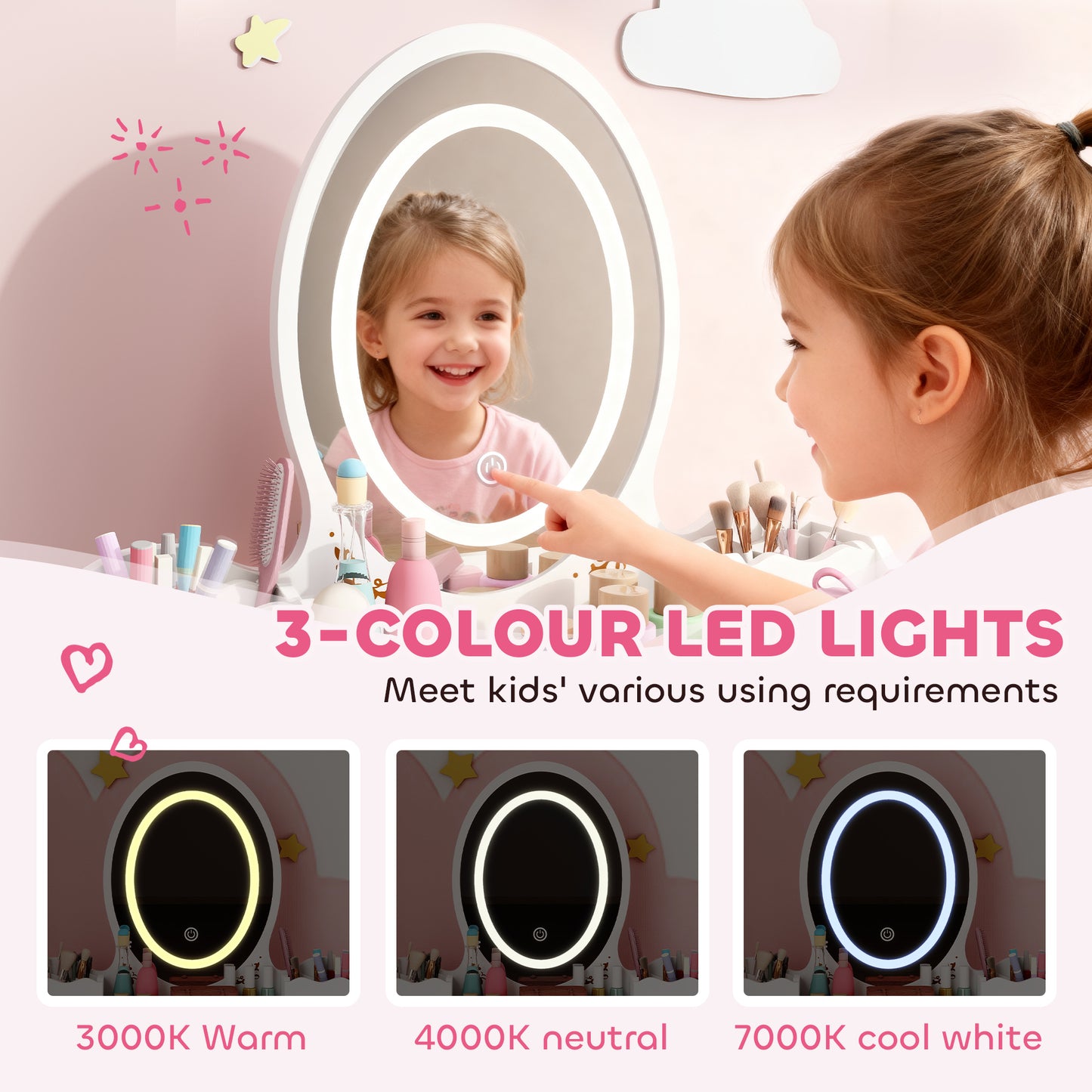 AI62 Decor Kids Vanity Set with LED Mirror & Chair – White