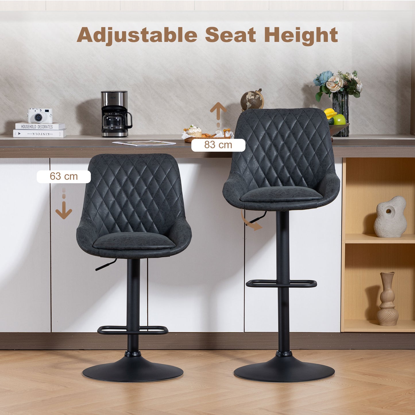 AI62 Decor Set Of Two Faux Leather Retro Bar Stools - Black