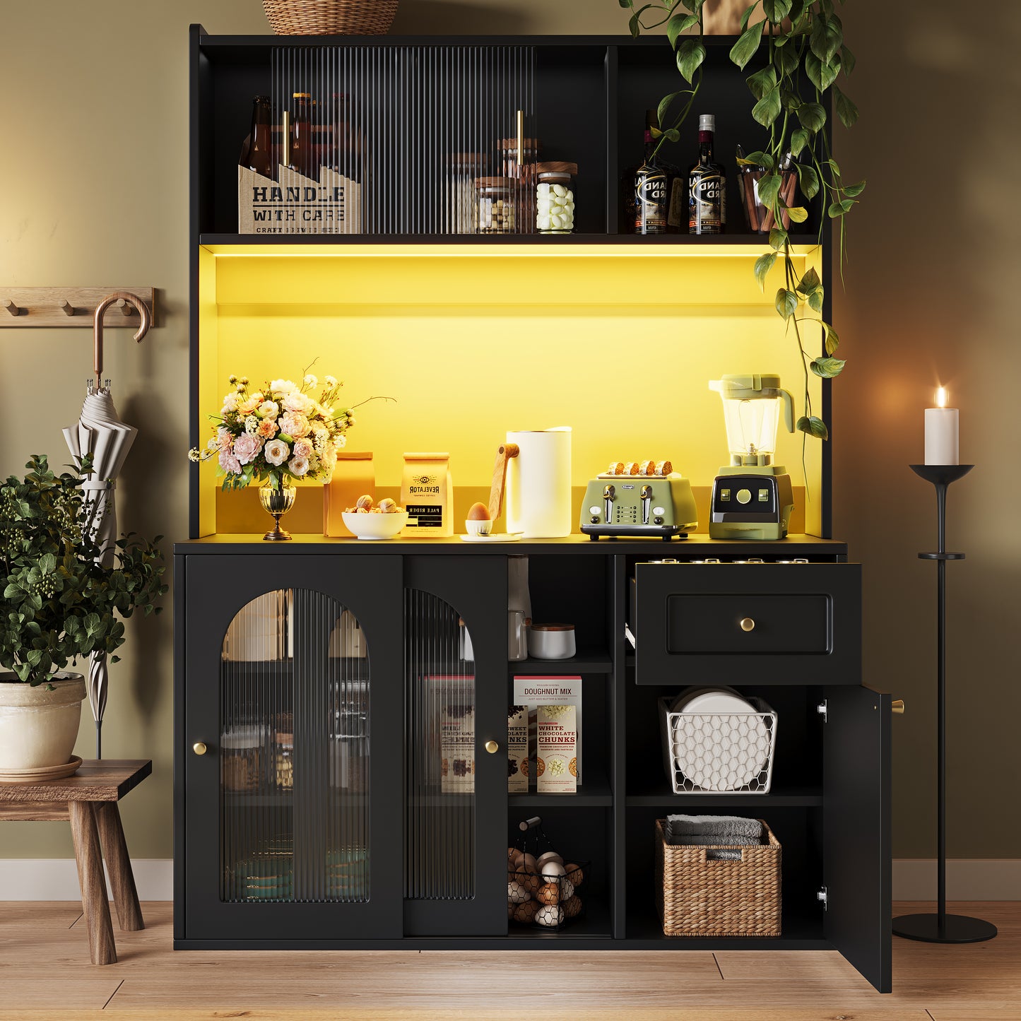 AI62 Decor Tall Kitchen Cabinet 120×35×167cm with LED – Black