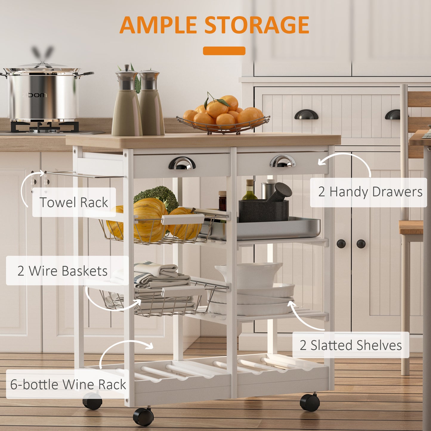 AI62 Decor Rolling Kitchen Island Trolley with Drawer, Wine Rack & Shelves – White