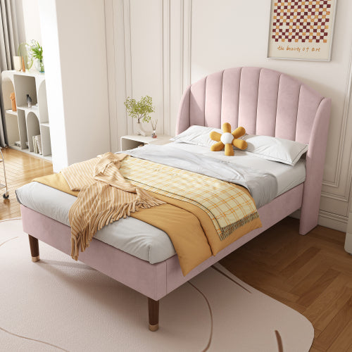 AI62 Decor Pink Velvet Single Bed with Slatted Frame & Headboard