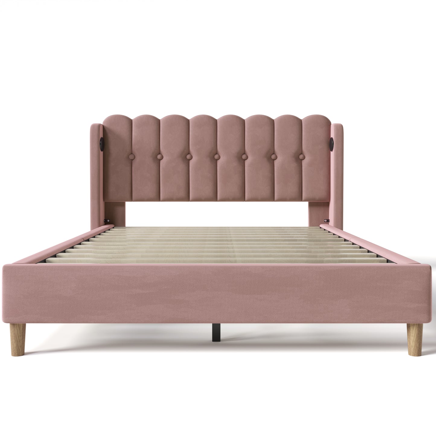 AI62 Decor Pink Velvet Double Bed 135x190cm with Charging Ports