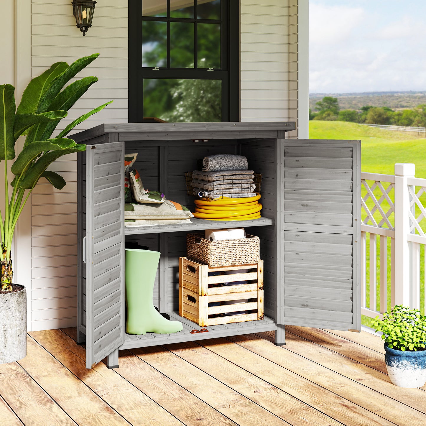 AI62 Decor Wooden Garden Shed 2-Door Storage Cabinet – Grey
