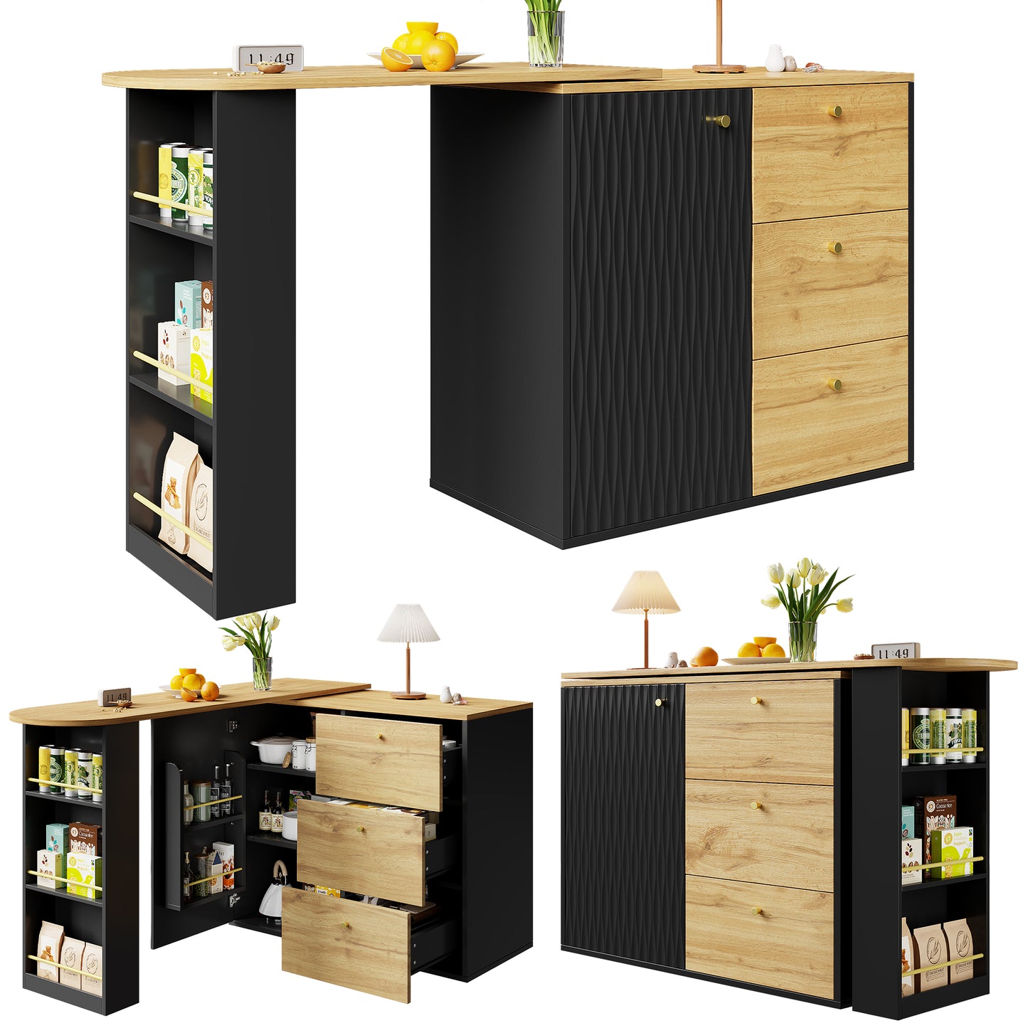 AI62 Decor Extendable Rotating Bar Table with Storage – Wood Grain Finish