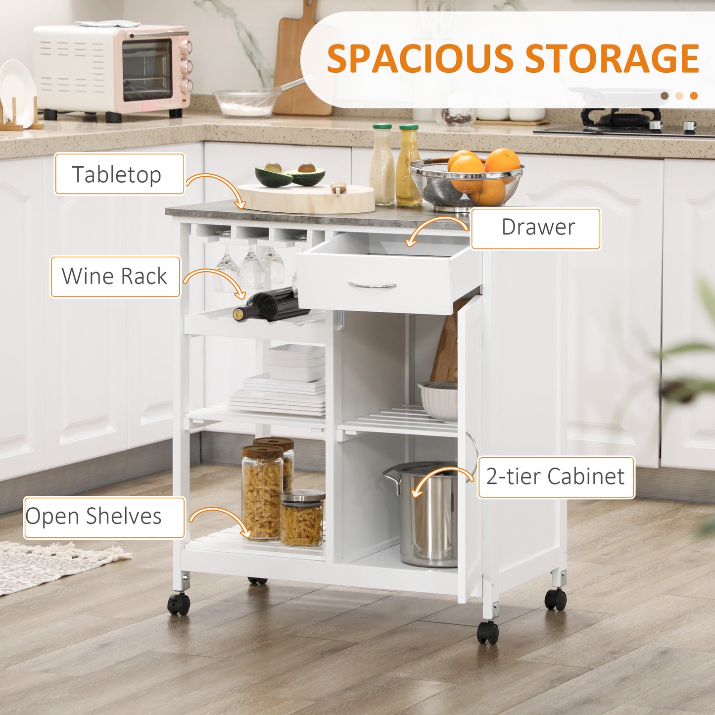 AI62 Decor Compact Kitchen Trolley Cart with Wine Rack & Cabinet White