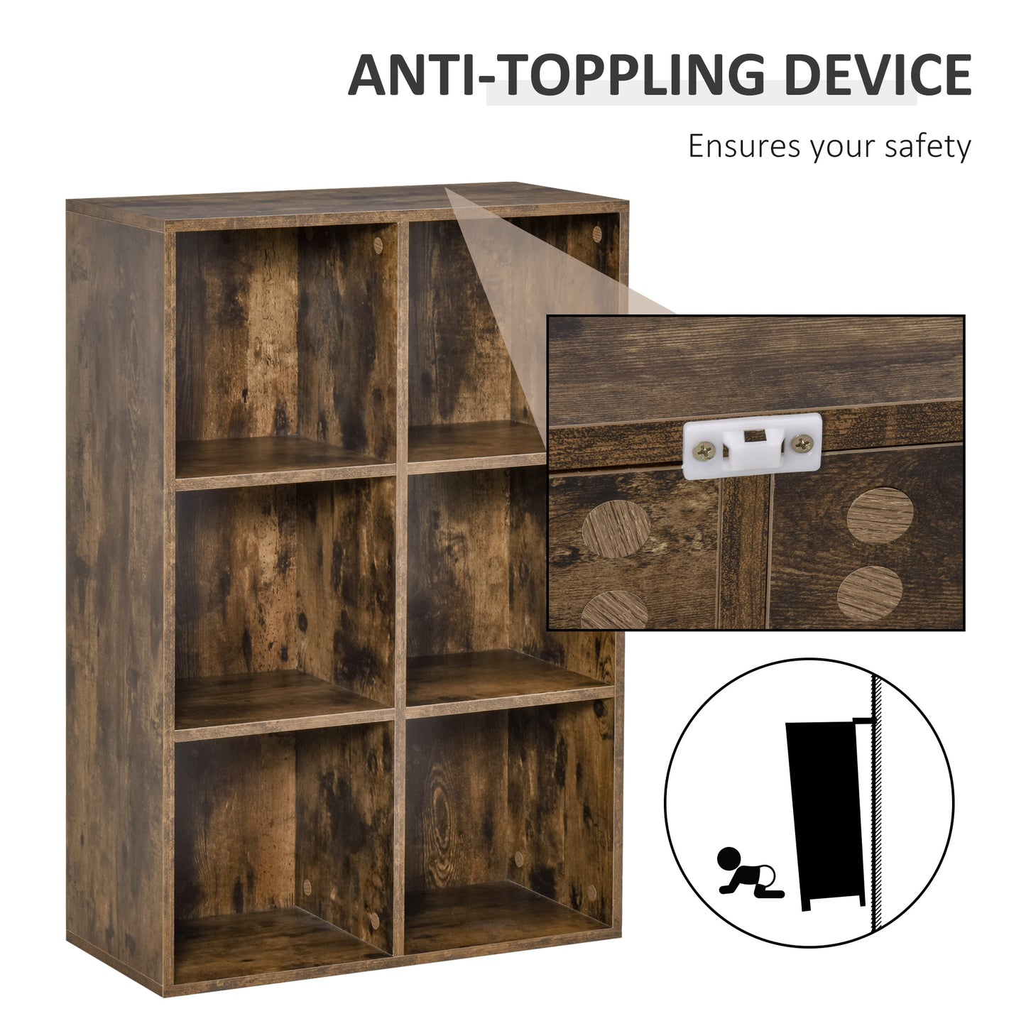 AI62 Decor Six-Cube Bookcase - Rustic Brown Wood Effect
