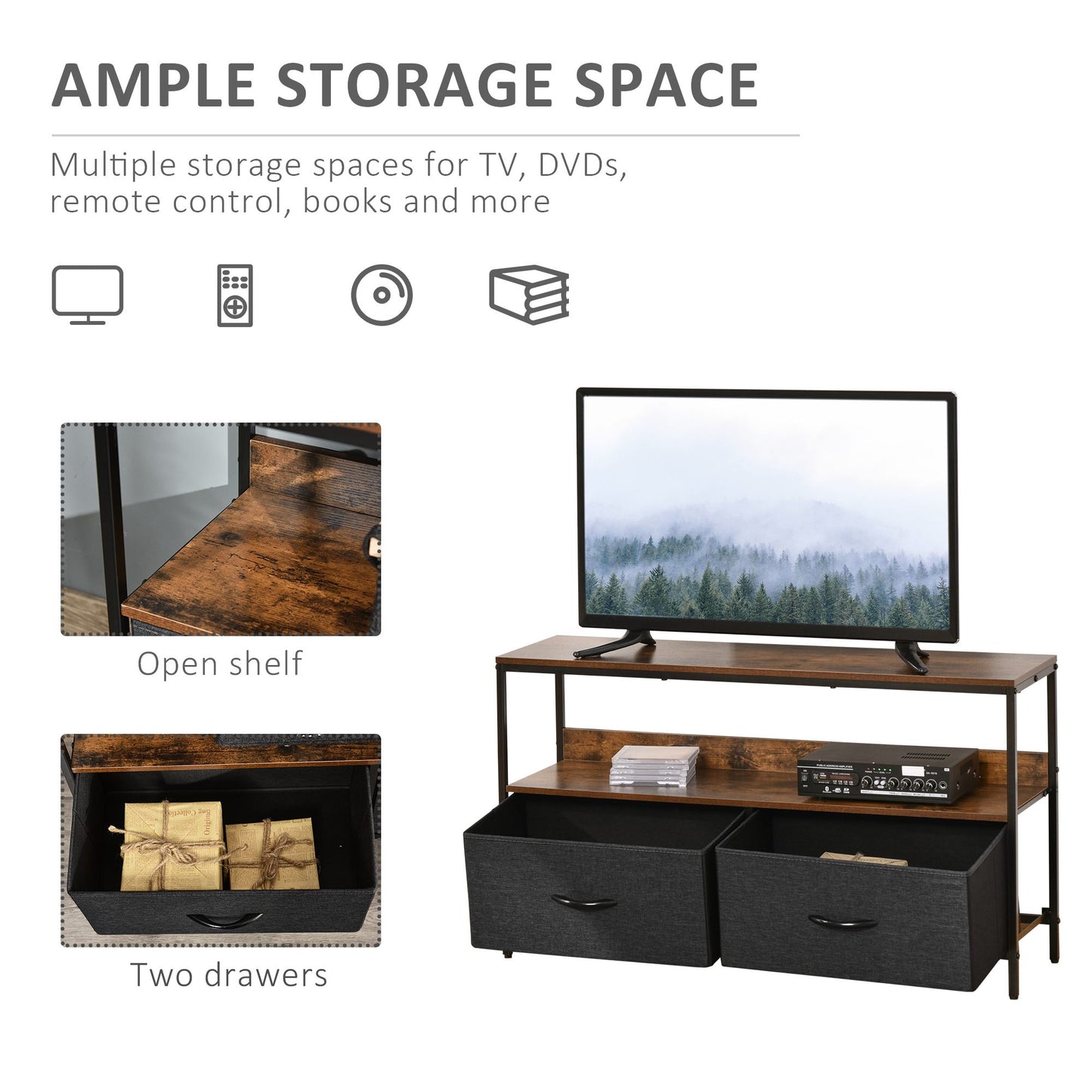 AI62 Decor TV Stand Cabinet With 2 Foldable Drawers - Rustic Brown