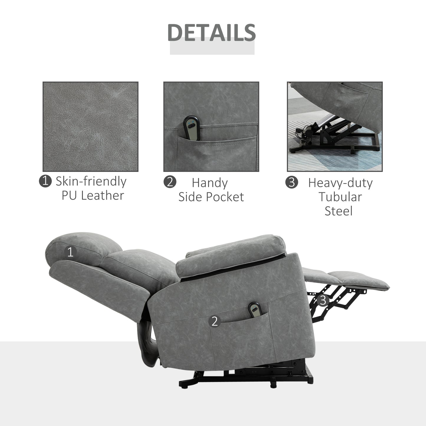 AI62 Decor  Faux Leather 70° Electric Riser Recliner Chair - Grey
