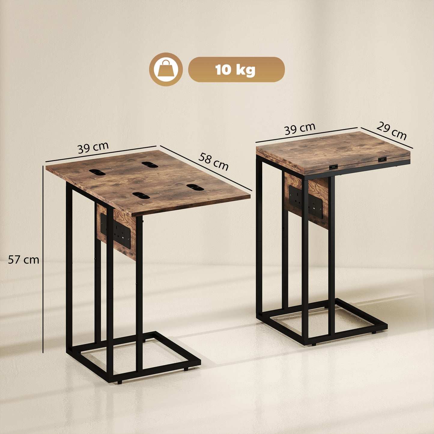 AI62 Decor C Shaped Side Table With Charging Station And Foldable Top - Rustic Brown