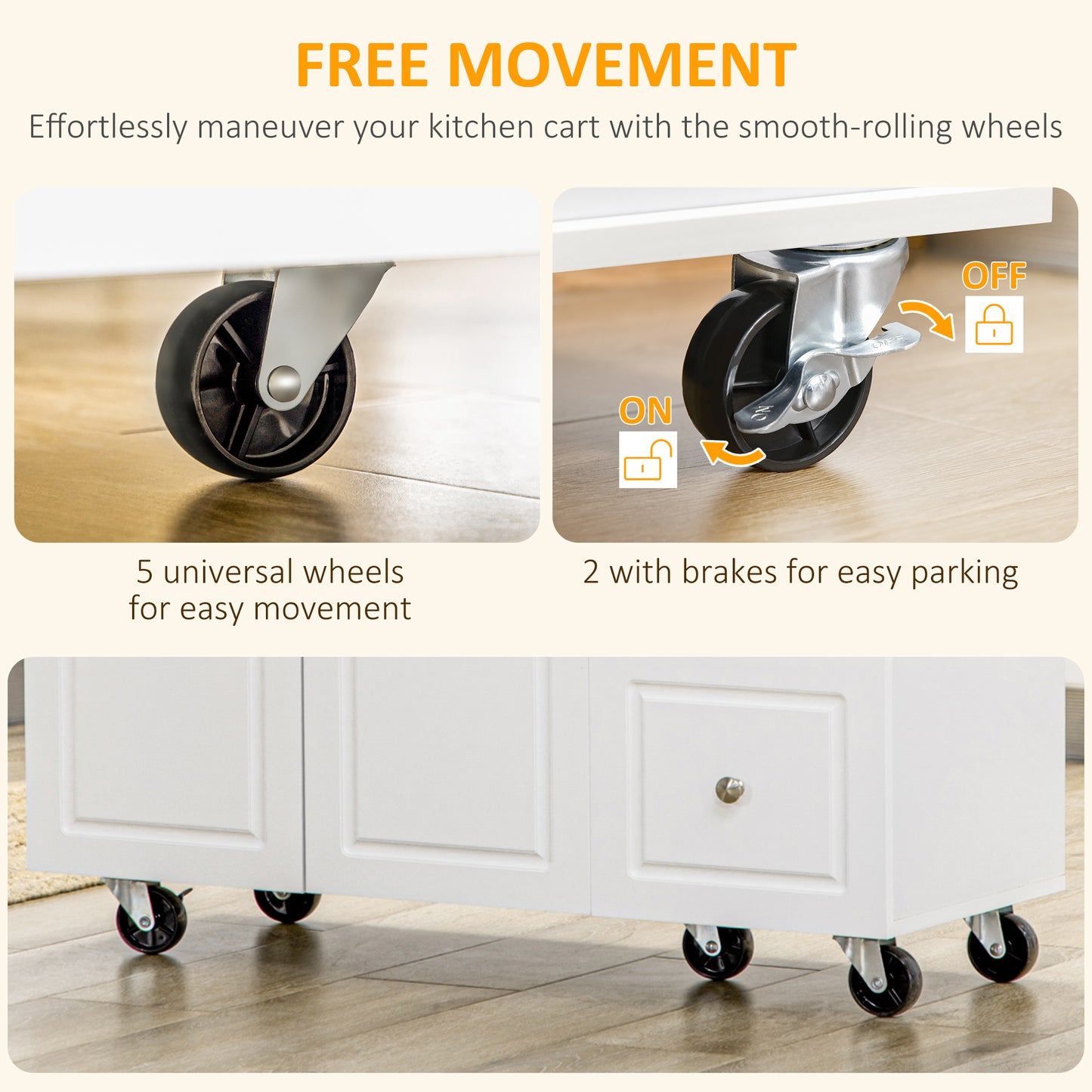 AI62 Decor White Rolling Kitchen Island with Storage & Drop Leaf