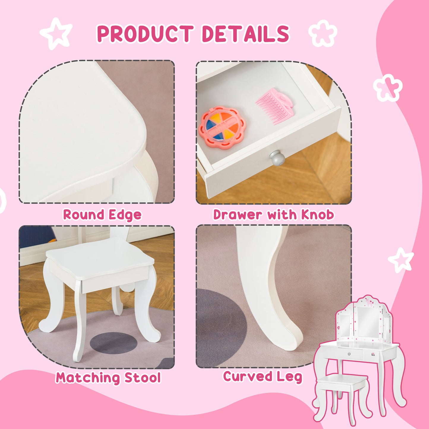 AI62 Decor Kids Vanity Table & Chair Set with Tri-Folding Mirror – White