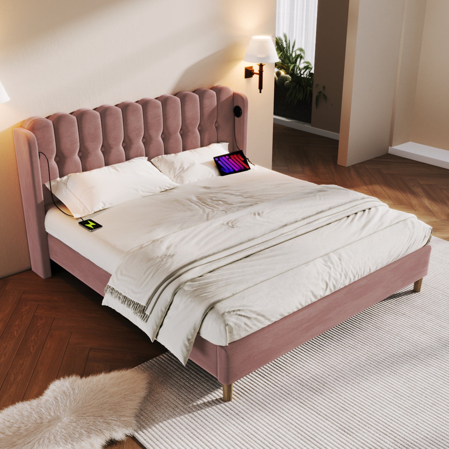 AI62 Decor Pink Velvet Double Bed 135x190cm with Charging Ports