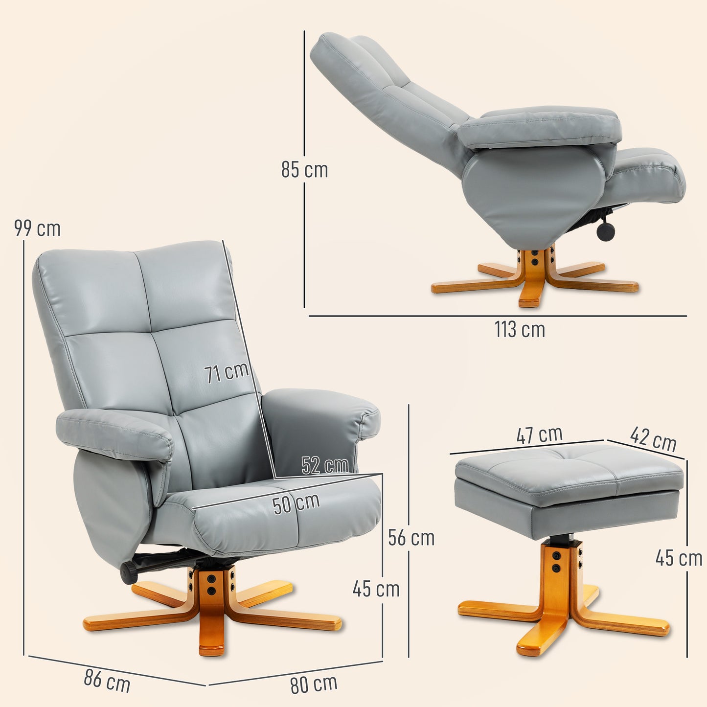AI62 Decor PU Leather Swivel Recliner Chair with Footstool & Storage