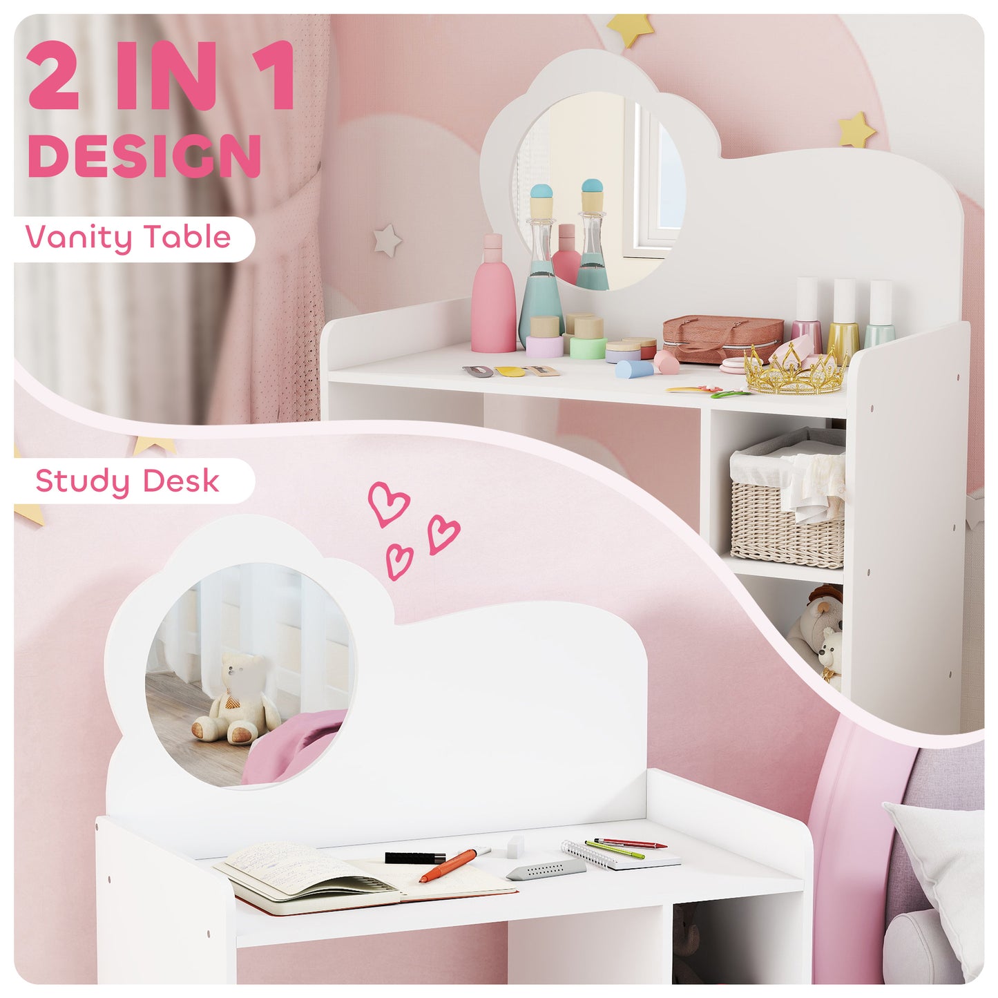 AI62 Decor  Kids Vanity Dressing Table Set with Mirror & Stool – White (Ages 3–8)