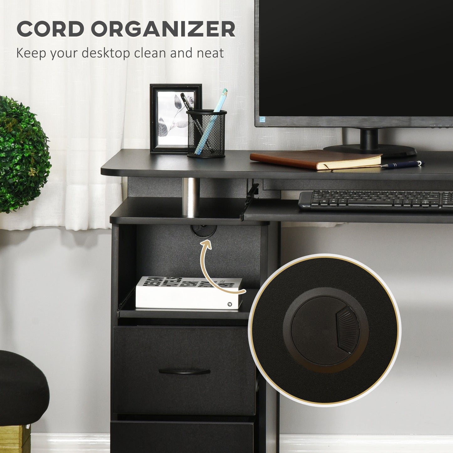 AI62 Decor Black Computer Desk with Keyboard Tray & CPU Shelf