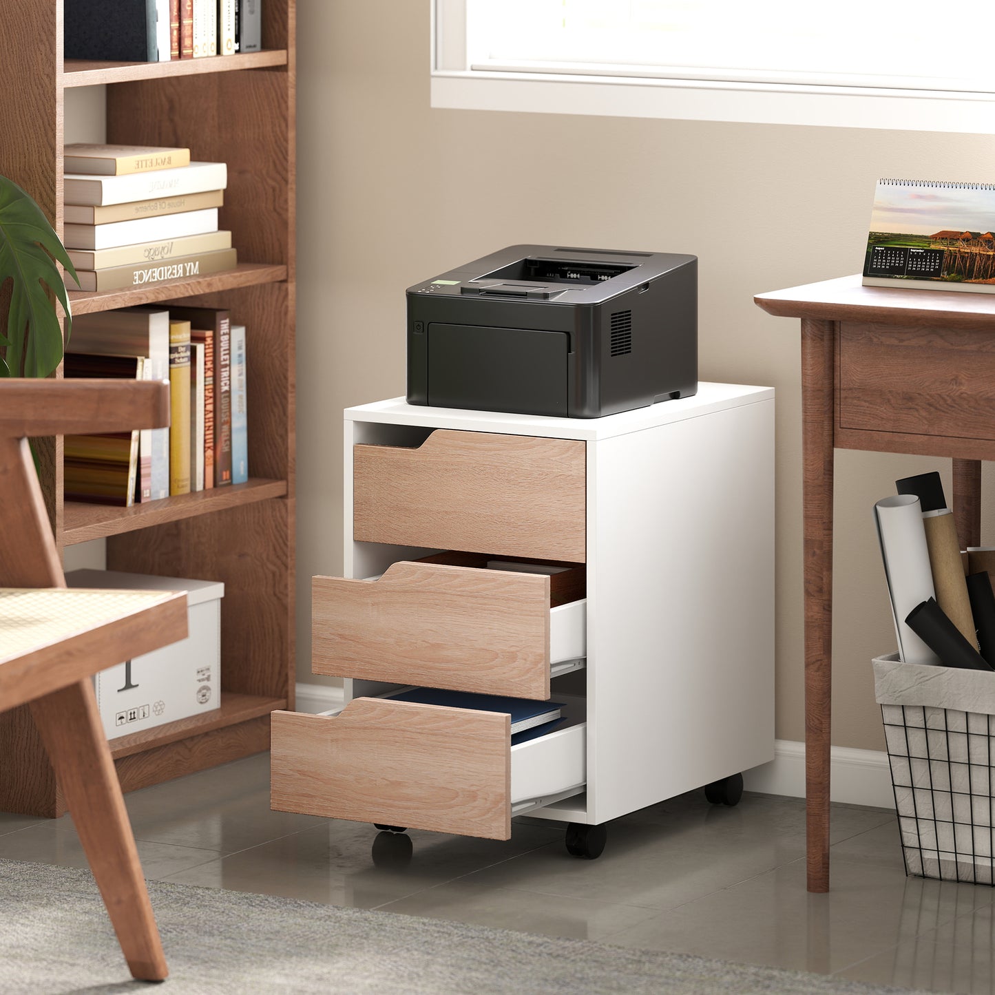 AI62 Decor 3-Drawer Mobile File Cabinet with Wheels – Oak