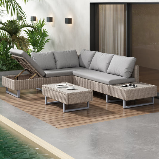 AI62 Decor Khaki Rattan Corner Garden Sofa Set with Coffee Table – Industrial Style