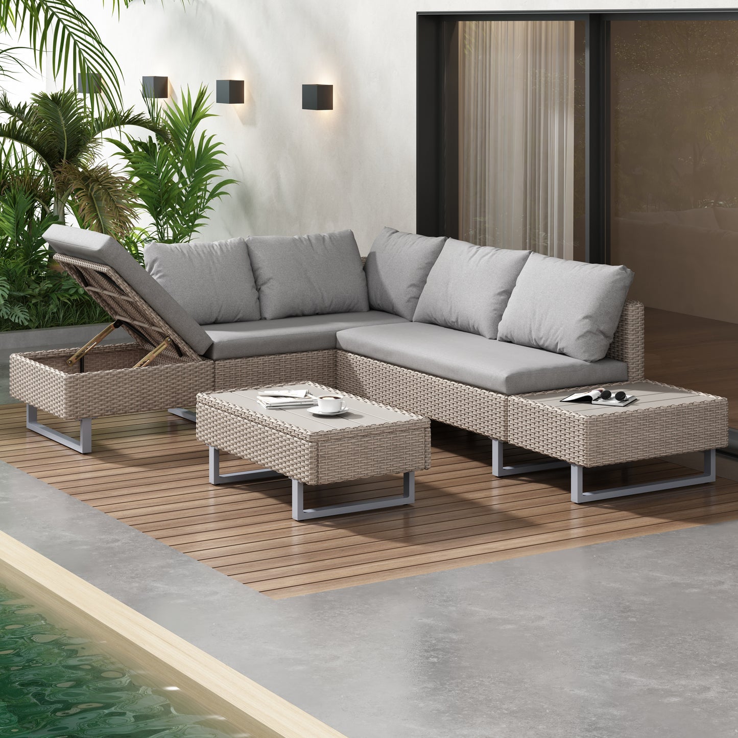 AI62 Decor Khaki Rattan Corner Garden Sofa Set with Coffee Table – Industrial Style