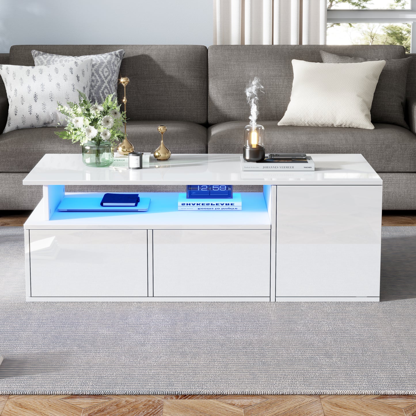 AI62 Decor High Gloss LED Coffee Table with Storage, 100×50×35 cm, White