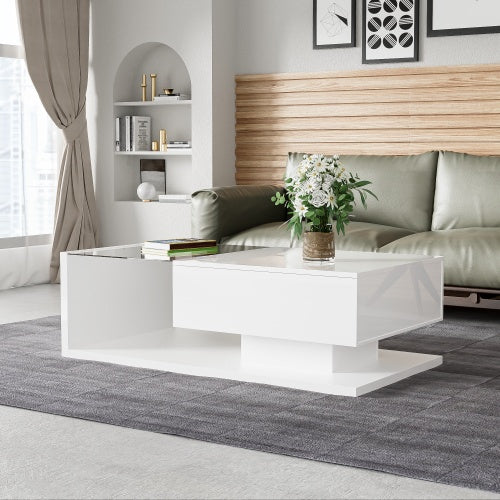AI62 Decor High-Gloss White Coffee Table with Glass & LED