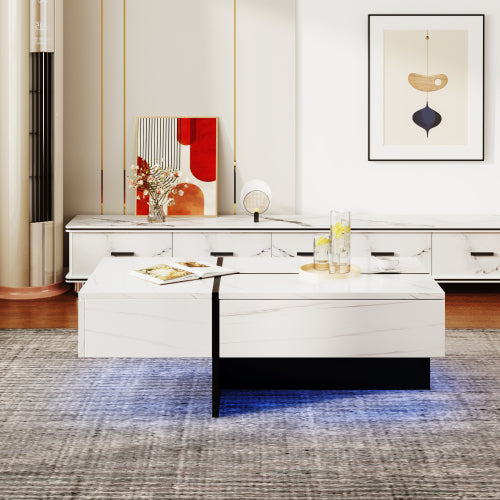 AI62 Decor High Gloss White Marble Coffee Table with LED