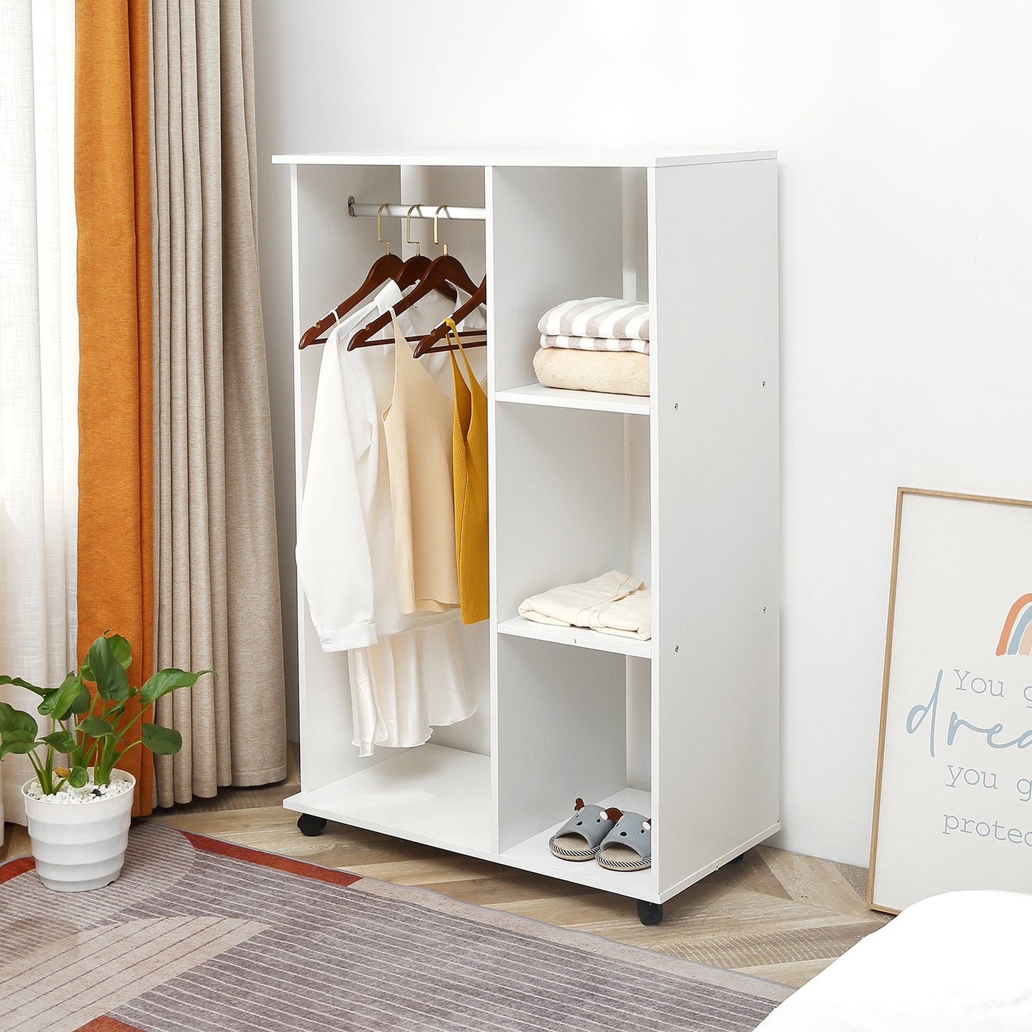 AI62 Decor Mobile Open Wardrobe with Shelves & Rail – White