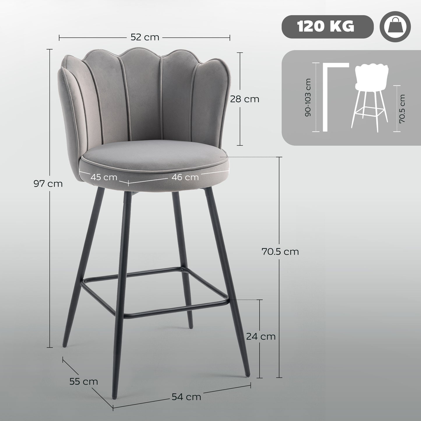 AI62 Decor Set Of Two Velvet-Feel Lotus Bar Stools - Grey