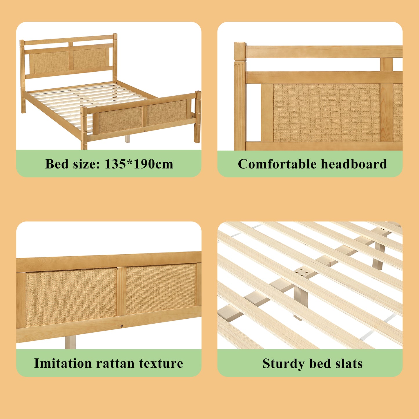 AI62 Decor Double Bed 4FT6 with Sturdy Slats – Natural Wood