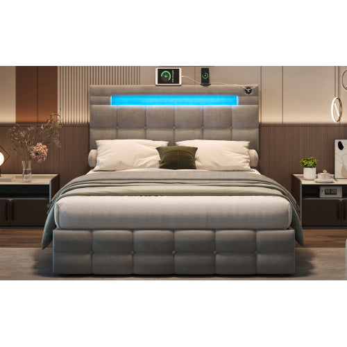AI62 Decor Double Upholstered Ottoman Bed 4ft6 with LED & Storage, Beige